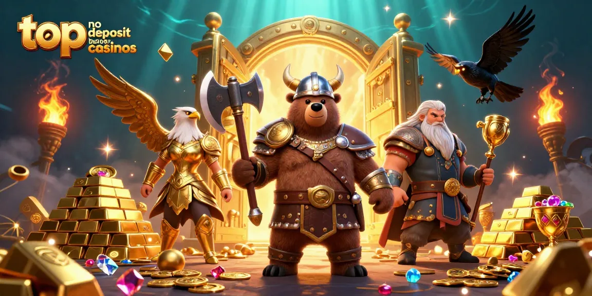 Engage with top no deposit bonus casinos featuring a Viking bear and Valkyrie eagle surrounded by treasure.