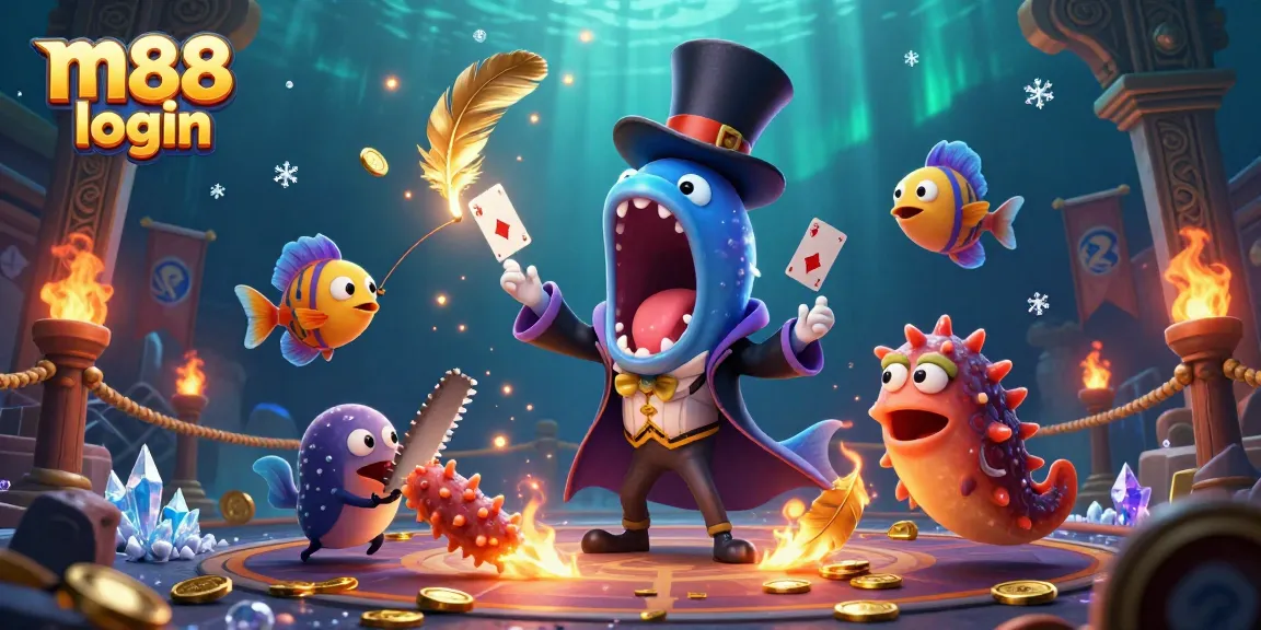 Experience the magic with m88 login showcasing a bioluminescent eel performing card tricks in a vibrant arena.