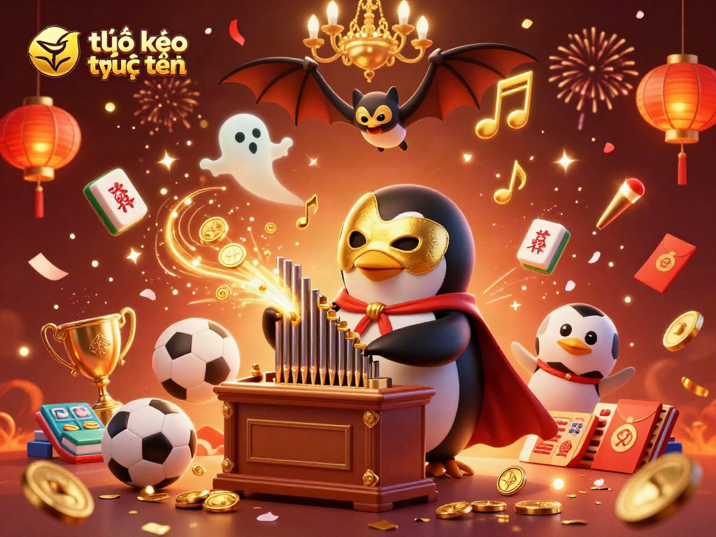 Engage with tỷ lệ kèo trực tuyến through a dynamic gambling illustration featuring a cartoon penguin and sports elements.