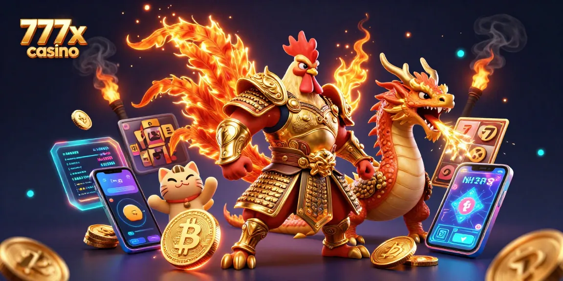 Engage with thrilling action at 777x casino where a warrior rooster battles alongside a dragon, surrounded by vibrant gaming elements.