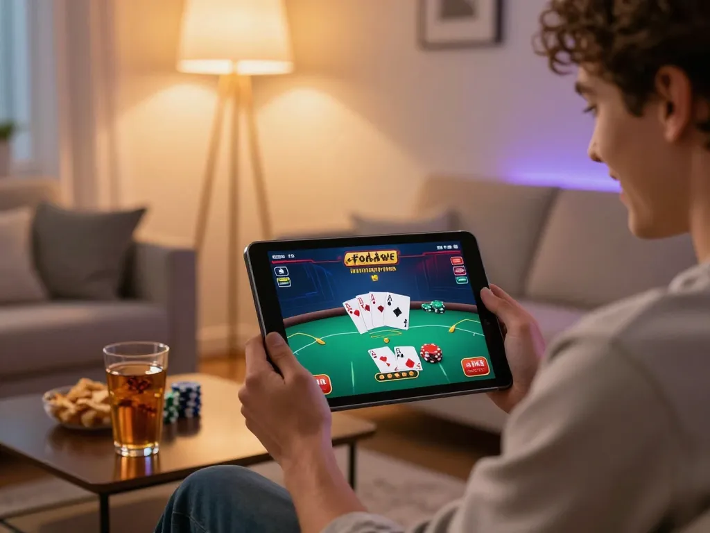 Engaging player using tablet for Vin88 đăng nhập and enjoying an online poker game with a cozy setting.