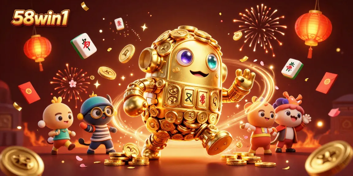 Engage with 58win1's thrilling gaming adventure featuring a golden golem amidst vibrant casino elements.