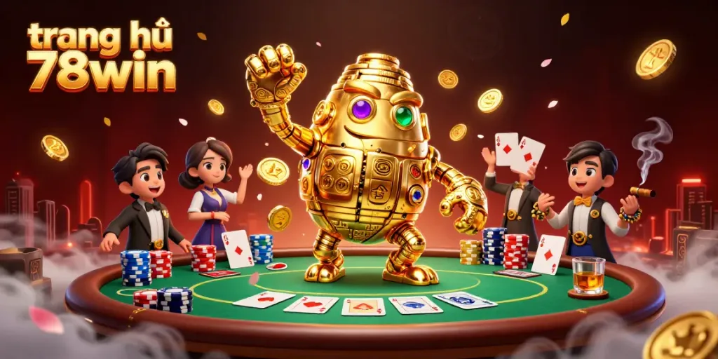 Engage with gaming excitement on trang chủ 78win with a vibrant 3D casino illustration showcasing poker action and dazzling characters.