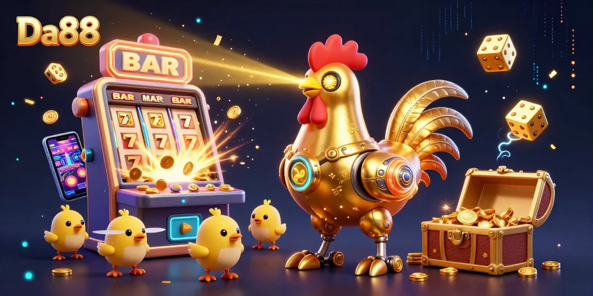Experience Da88's exciting casino games with a vibrant 3D illustration showcasing winning elements and dynamic energy.