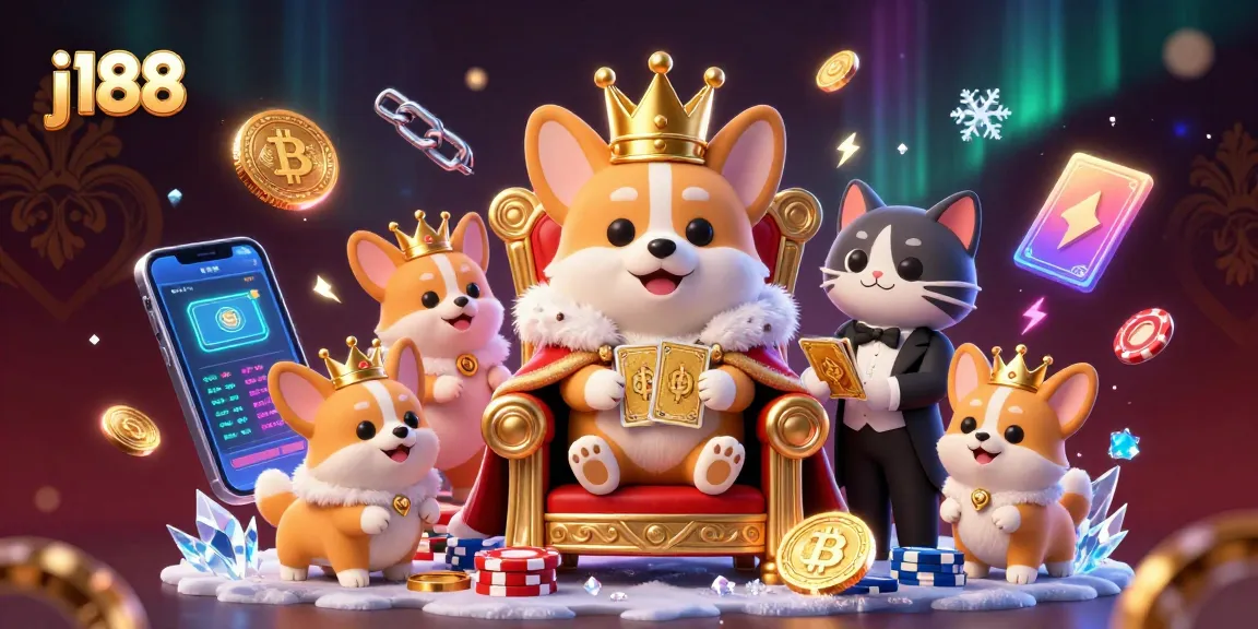 Engage in thrilling gaming at j188 with a royal corgi overseeing the action in a vibrant casino scene.