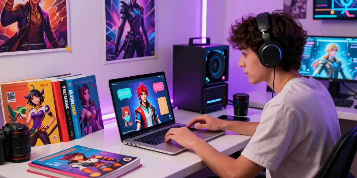 Engaging scene of a user interacting with character ai nsfw on a laptop, showcasing customizable digital characters and a vibrant tech ambiance.
