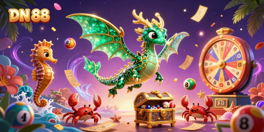 Experience thrilling gameplay at DN 88 with vibrant lottery elements and a dragon character.