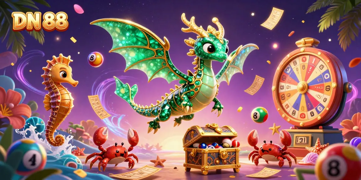 Experience thrilling gameplay at DN 88 with vibrant lottery elements and a dragon character.