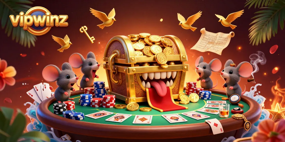 Experience thrilling winnings at vipwinz with 3D treasure chest and poker ambiance, perfect for gamers.