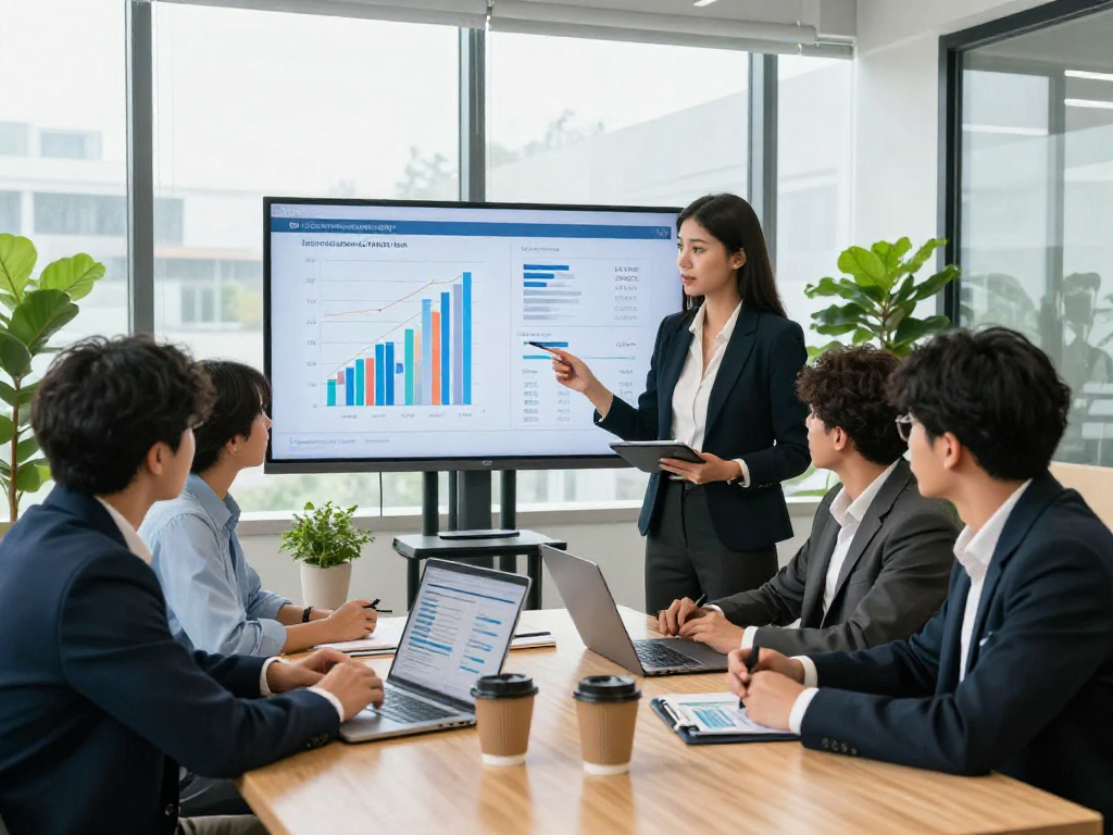 Professionals bespreken zakelijk krediet in moderne kantooromgeving met digitale gegevens en strategische documenten.