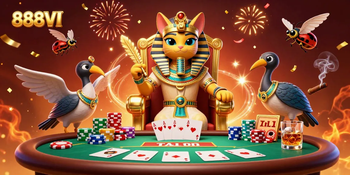 Engage in the vibrant world of 888VI with dynamic casino scenes featuring a regal Egyptian pharaoh cat.