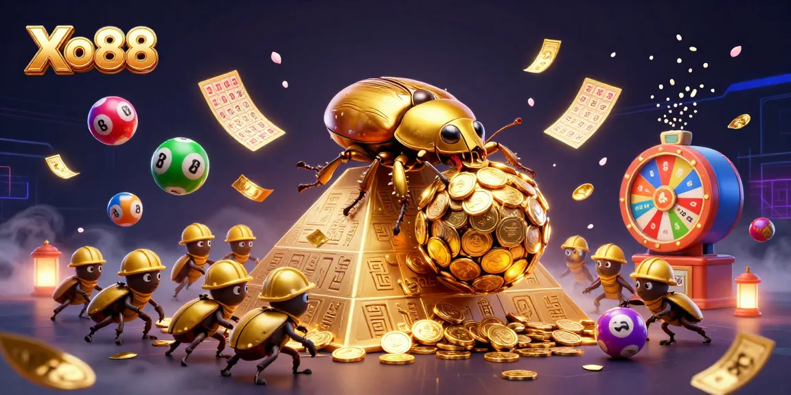 Xo88 engages players with a vibrant 3D illustration of a golden dung beetle and casino-themed elements amid a dynamic backdrop.