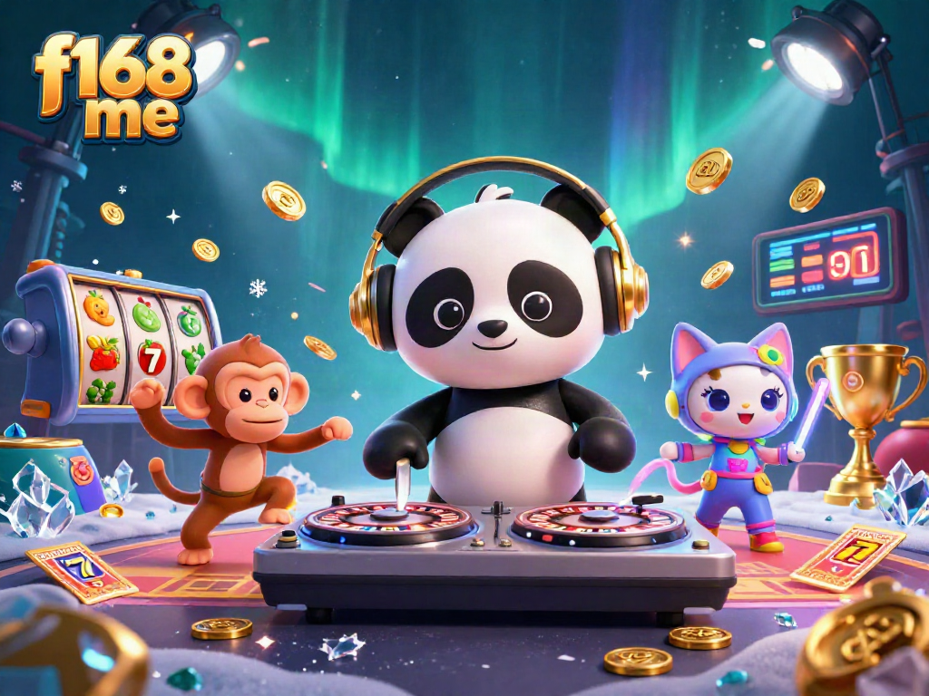 Spin to win with f168 me in this vibrant, dynamic casino illustration featuring playful characters.