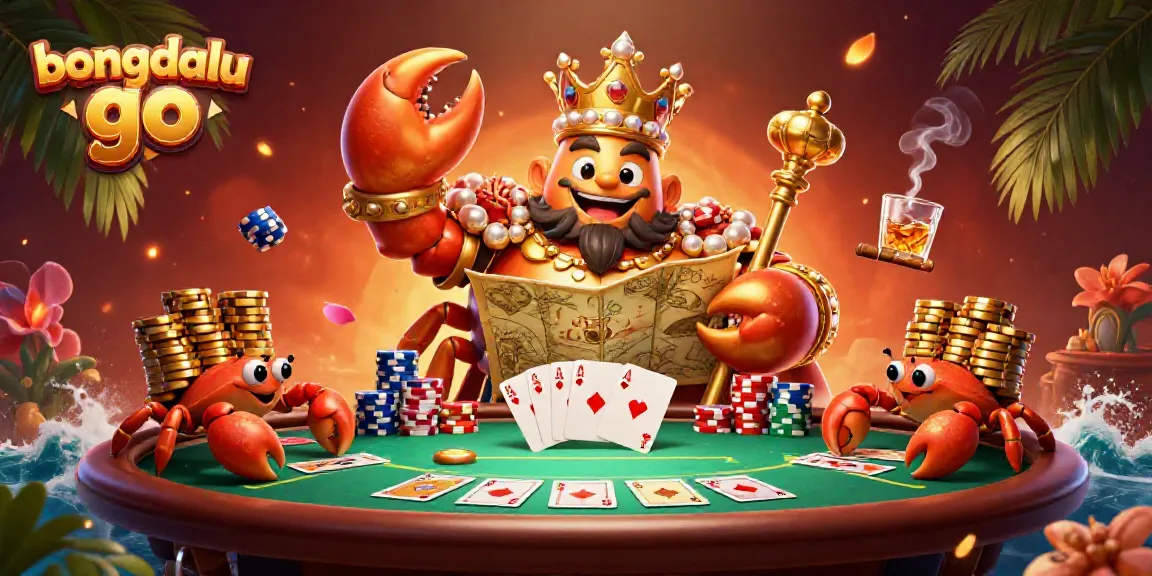 Engage with bongdalu go in this vibrant 3D sporting scene featuring a golden crab emperor and poker elements.