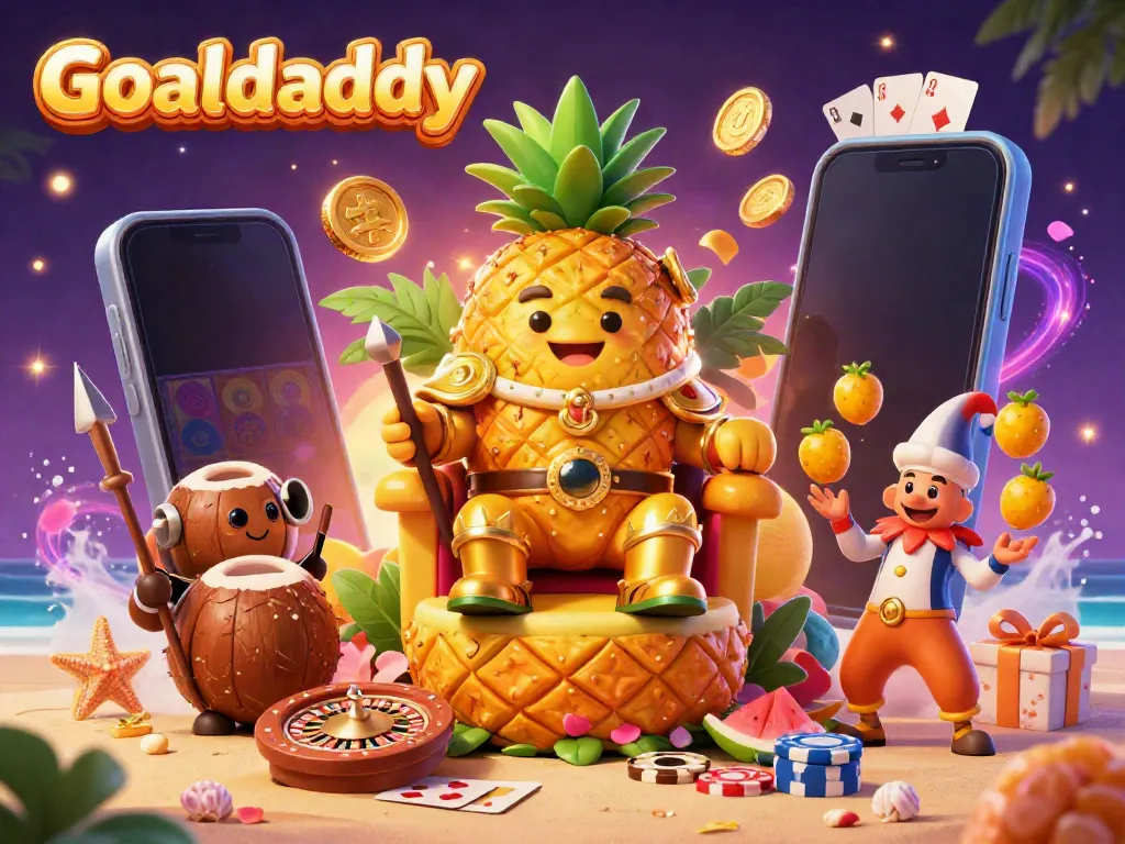 Experience the thrill of Goaldaddy with a vibrant 3D illustration of a tropical casino scene featuring a pineapple king.