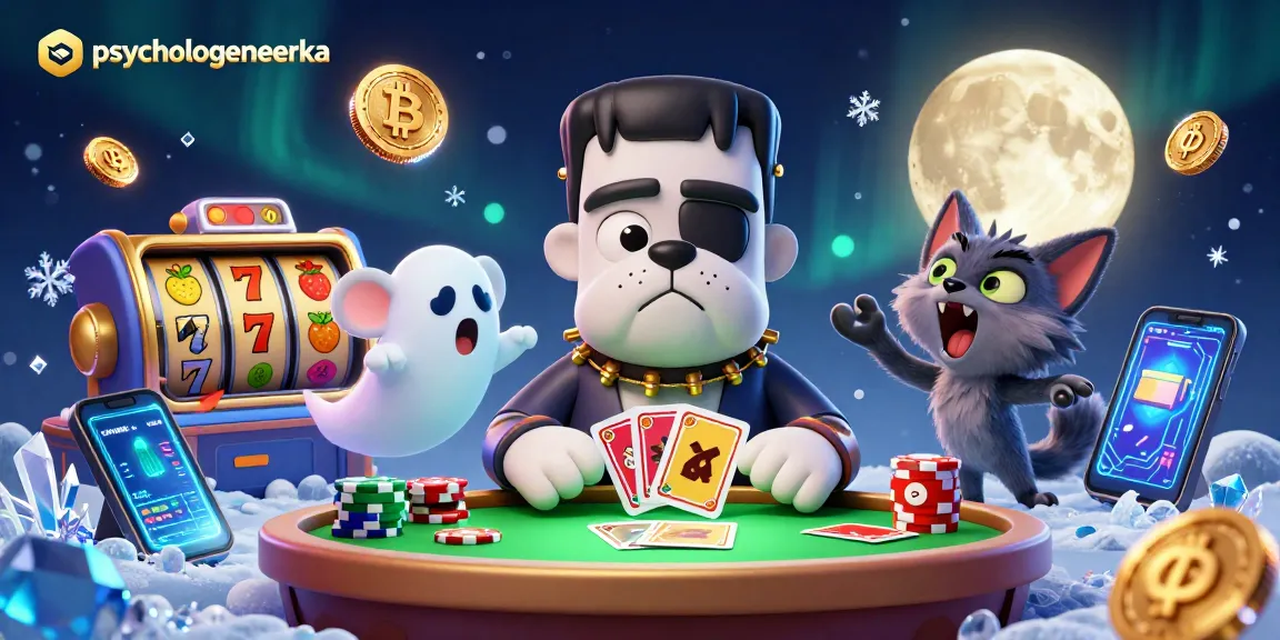 Engage with psychologeneureka as a Frankenstein bulldog deals cards at a spooky casino.