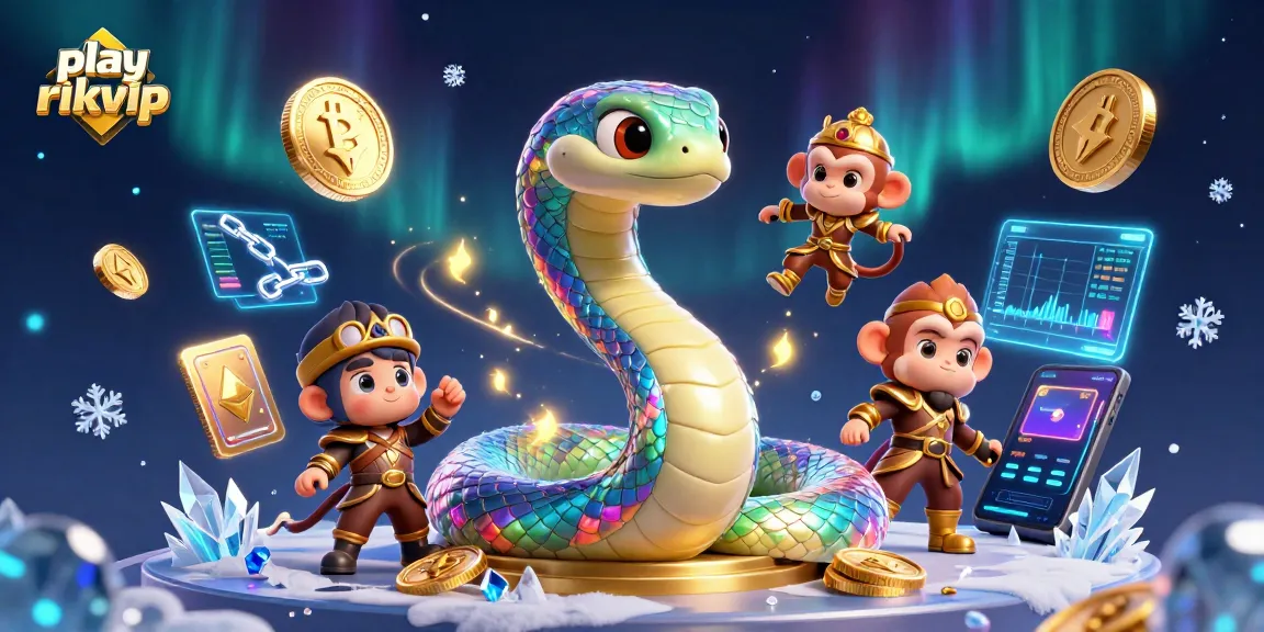 Experience the thrill of play rikvip with vibrant characters and crypto elements in this detailed illustration.