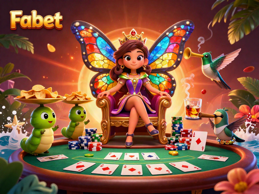 Experience the vibrant Fabet casino world with a colorful butterfly queen amidst poker excitement.