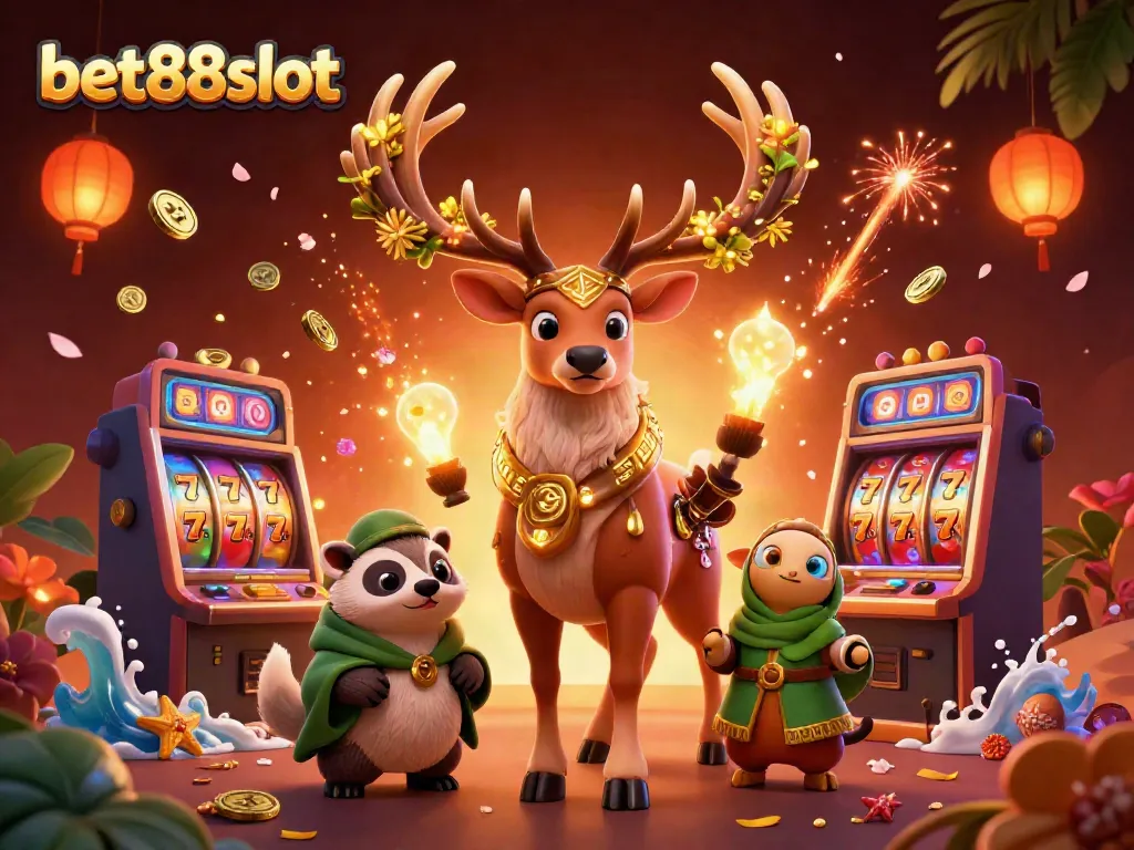 Experience thrilling entertainment with bet88slot, showcasing colorful slot machines and enchanting characters.