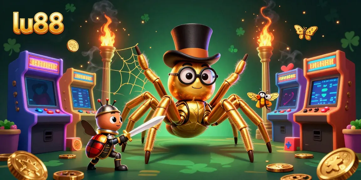 Experience the thrill of lu88 with a vibrant illustration featuring a golden tarantula and games.