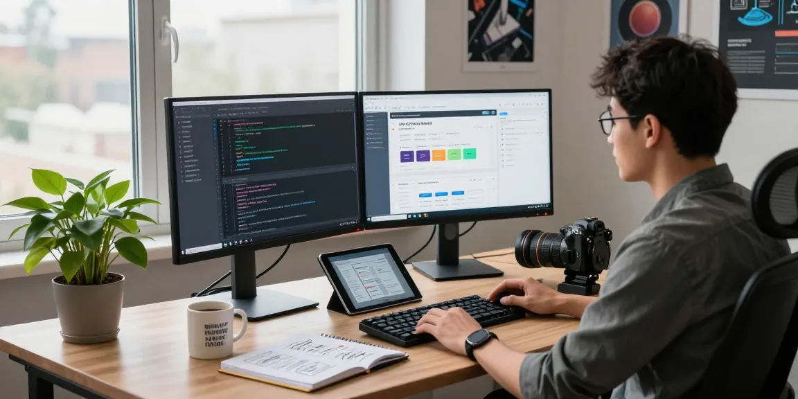 Modern tech workspace illustrating app development for WPS Official Website with dual monitors and creative tools.