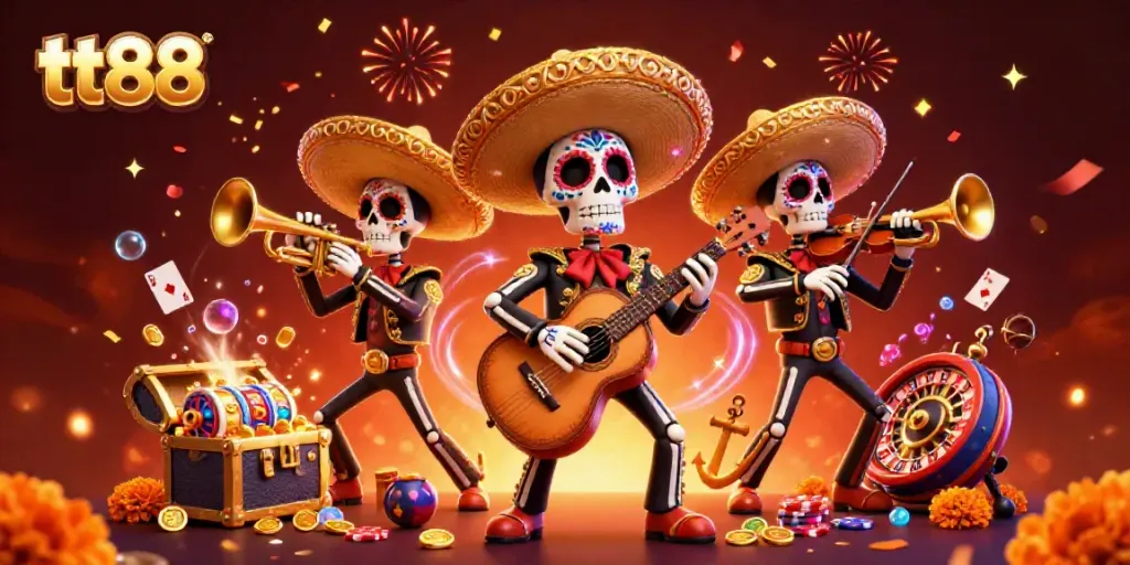 Experience exciting gameplay at tt88 with a vibrant, festive mariachi band surrounded by casino treasures.