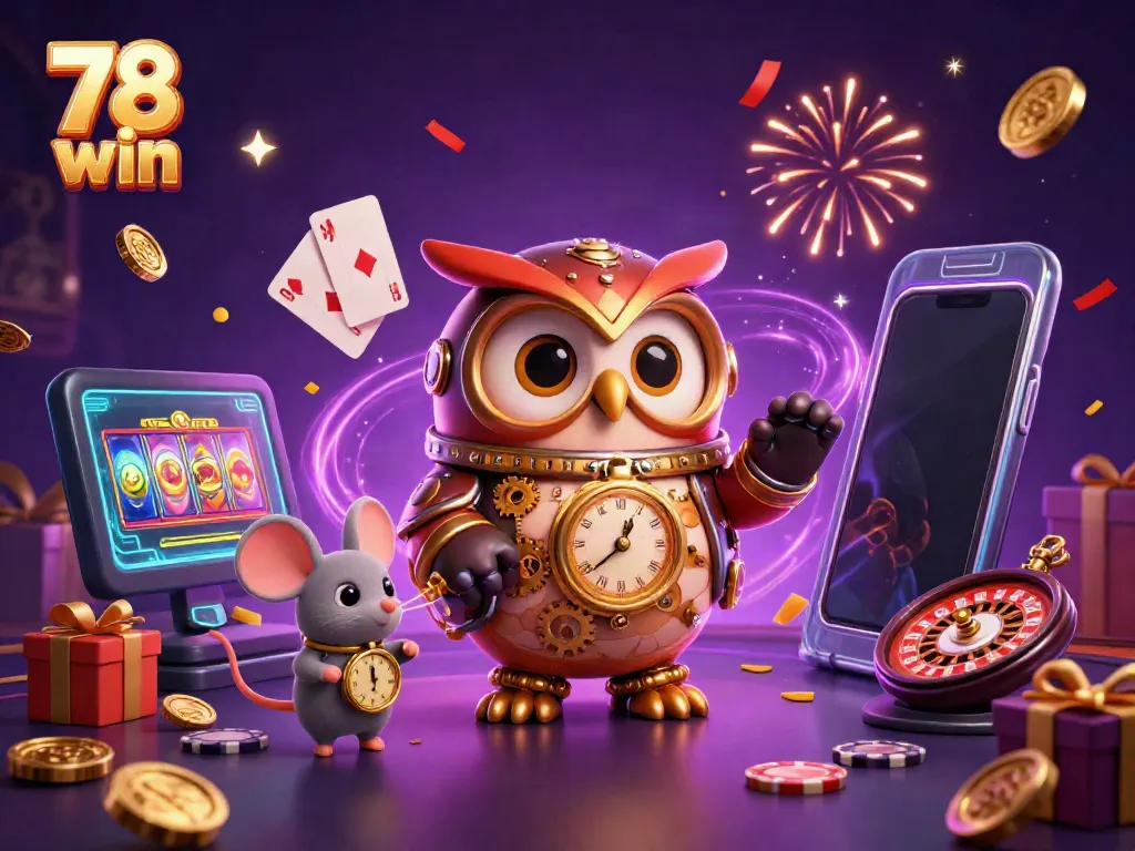 Experience the excitement of 78 win with a time-traveling owl and vibrant casino elements.