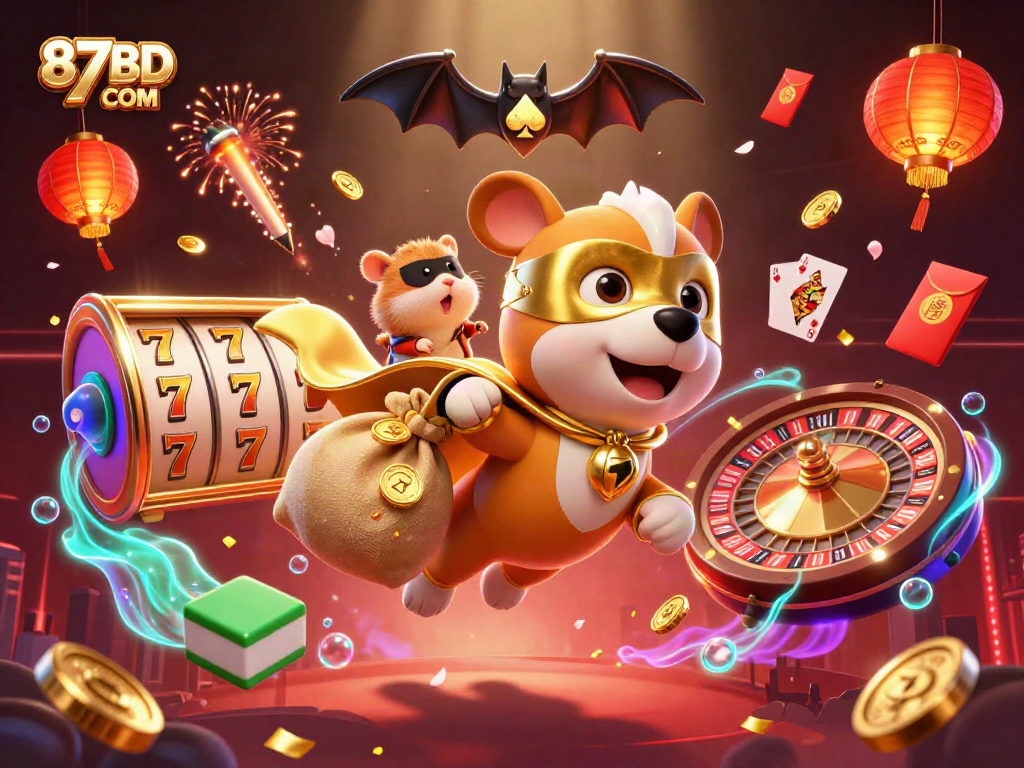 Join the fun at 87BD COM with a vibrant casino scene featuring a superhero dog and rich casino elements.