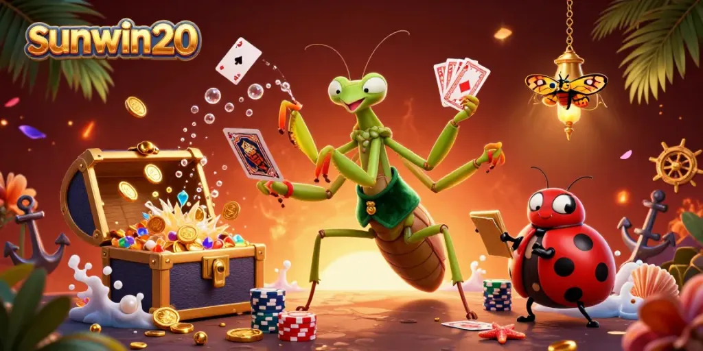 Experience the thrill of sunwin20, featuring a 3D mantis card sharp in action amid a vibrant casino atmosphere.