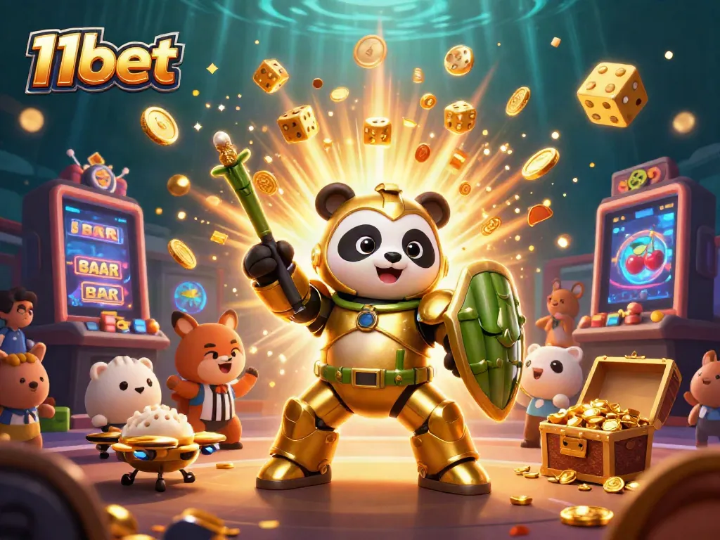 Experience thrilling games at 11bet with a dynamic 3D illustration of a golden panda and casino elements.