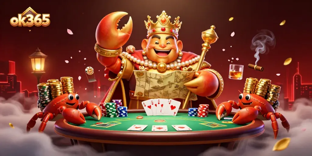 Engage in exciting gaming at OK365 with the golden crab emperor ruling over a vibrant poker scene.