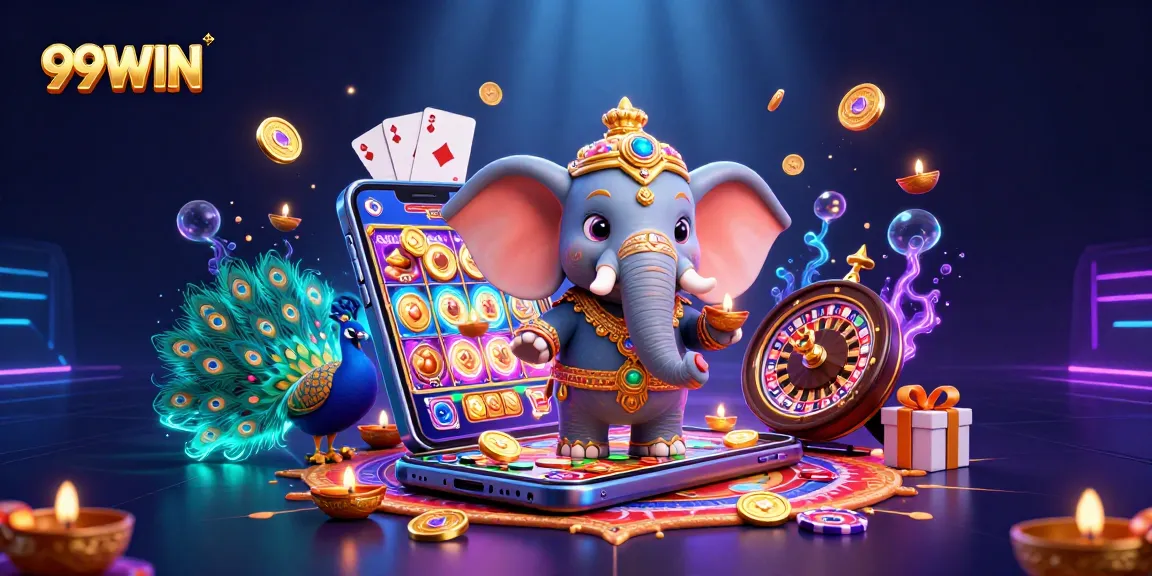 Experience thrilling slots and vibrant gaming at 99WIN with a colorful casino scene illustration.