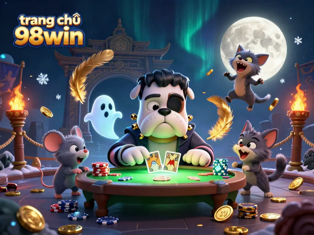 Play cards at trang chủ 98win with a spooky Frankenstein bulldog in a thrilling casino scene.