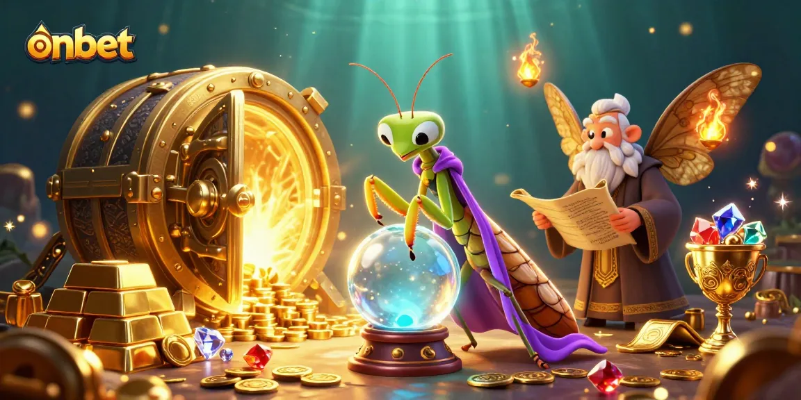 Win big at onbet with a vibrant illustration of a casino scene featuring mystical elements and treasures.