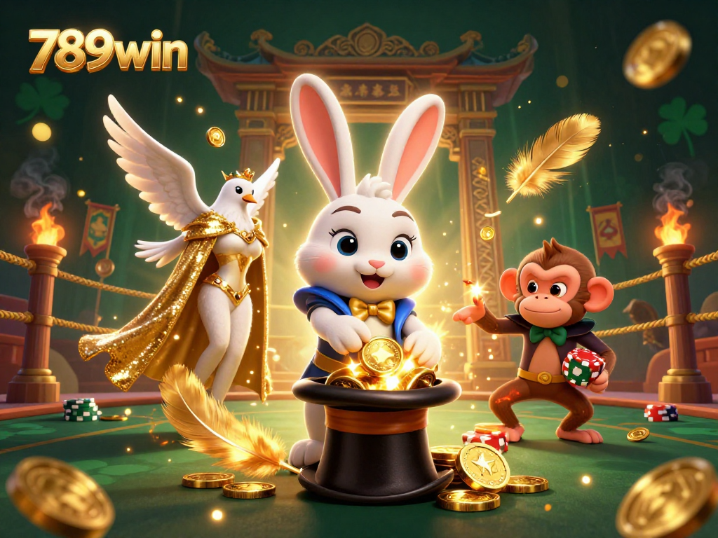 Experience thrilling moments at 789win with a magician rabbit and poker chips in a vibrant casino scene.