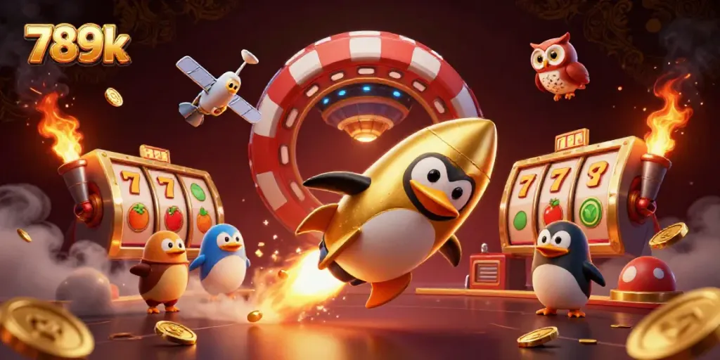 Experience the excitement of 789k with a 3D golden penguin racing toward a giant poker chip casino.