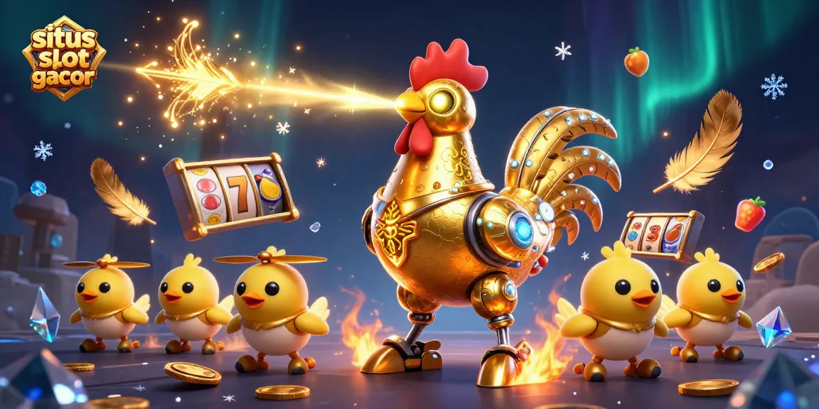 Engage with situs slot gacor through an electrifying rooster robot unleashing jackpots in a vibrant casino.