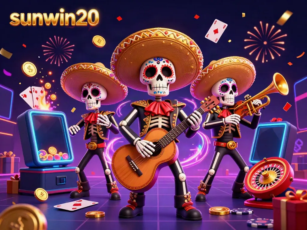 Experience the thrill of sunwin20 with colorful slots and energetic mariachi band in this vibrant casino scene.