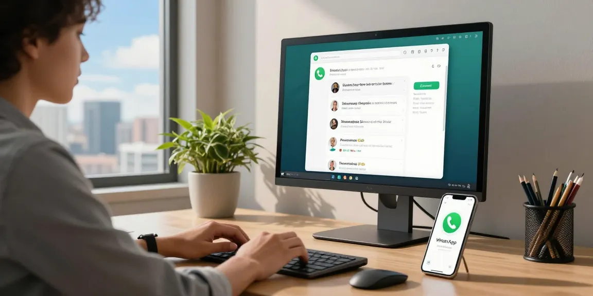 Engaging workspace with professional using WhatsApp網頁版 on large monitor, emphasizing seamless communication.