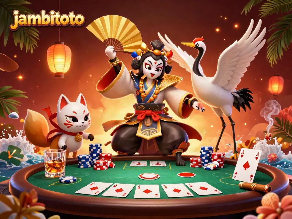 Engage in thrilling gaming at Jambitoto with colorful poker elements and vibrant characters.