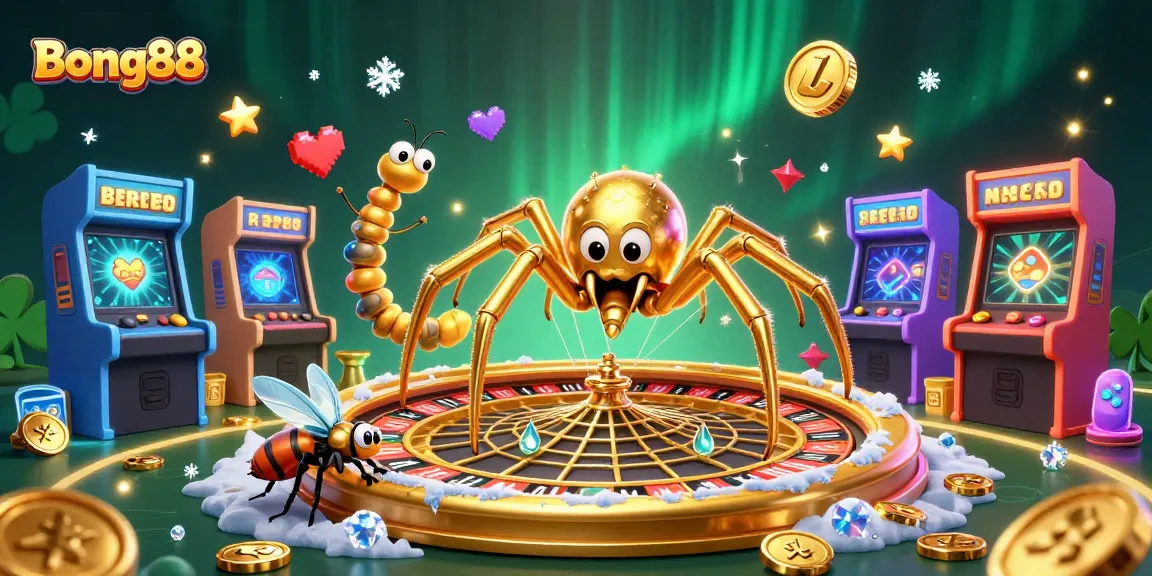 Experience thrilling gameplay at Bong88 with a vibrant 3D casino scene featuring a golden spider and colorful arcade machines.