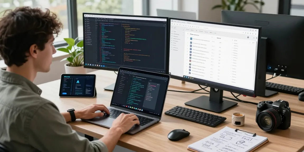 Build internal tools with AI in a modern workspace showcasing a developer's dynamic productivity.