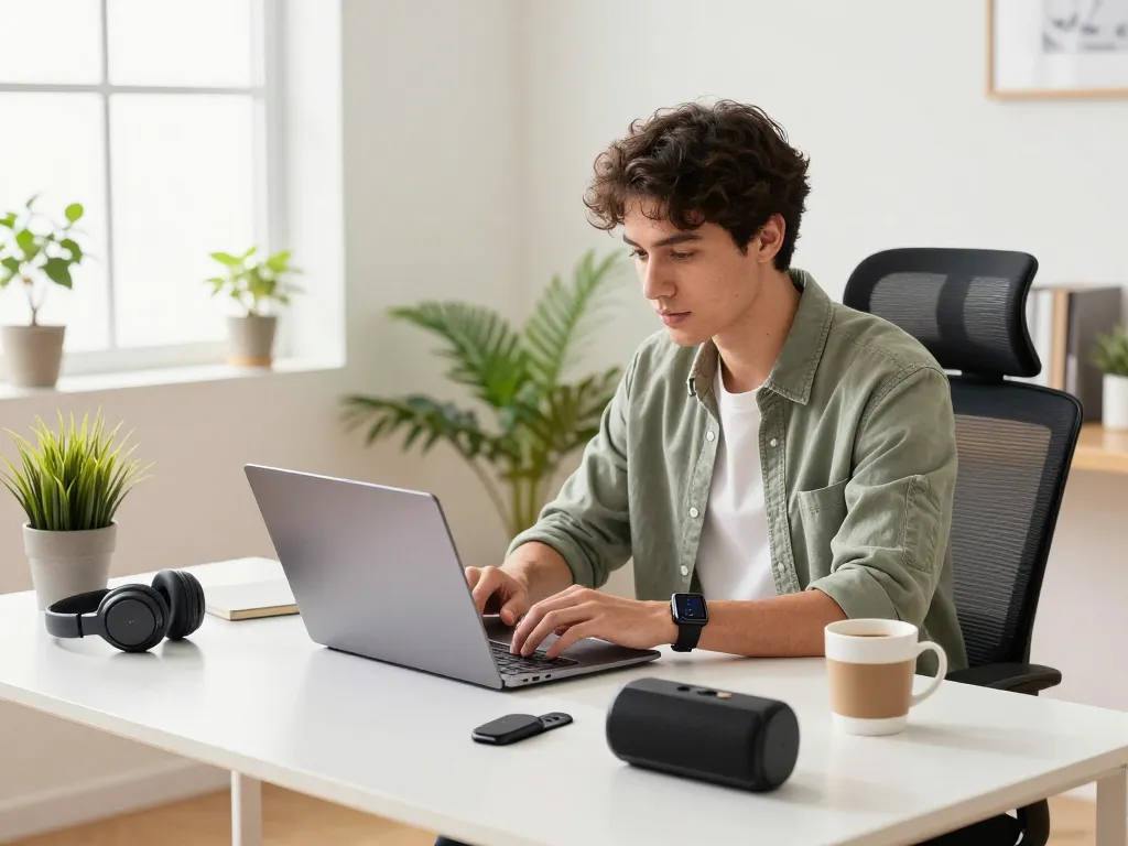 Engaging tech workspace with best tech gadgets for men, showcasing Bluetooth devices, a focused young man in casual attire at a modern desk.