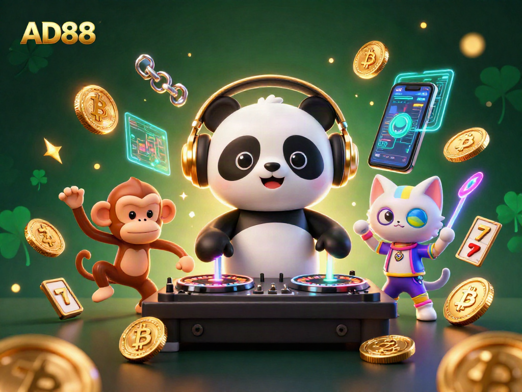Experience the lively atmosphere of AD88 with animated characters and vibrant casino elements.