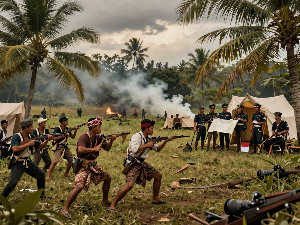 rokok88 daftar highlighting the historical conflict between Dutch and Indonesian fighters in a lush tropical landscape.