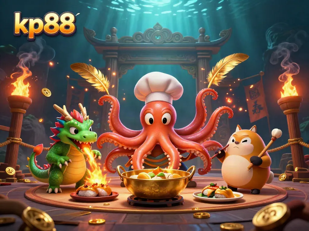 Experience kp 88 casino excitement with a sushi chef octopus and dragon in action.