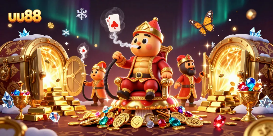 Play casino games at uu88 with vibrant treasures, poker symbols, and a masterful caterpillar character.