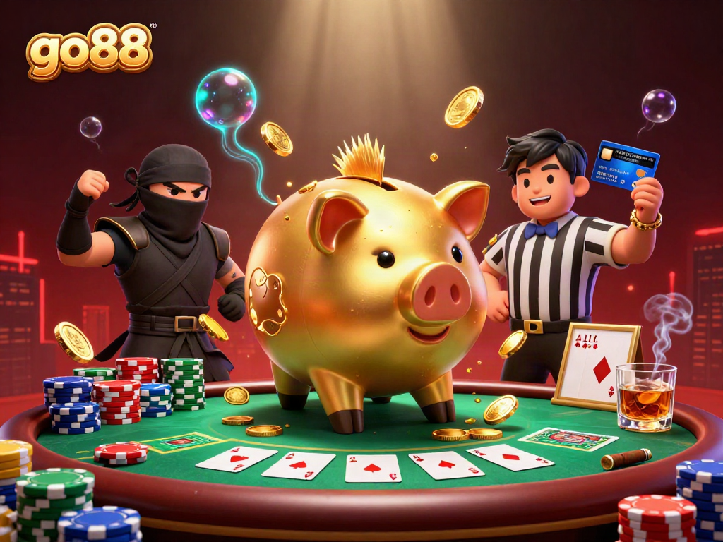 Experience thrilling gameplay with go88 in this dynamic casino scene featuring gold coins, poker, and vibrant characters.