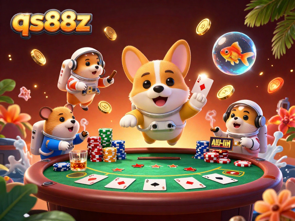 Engage with qs88z's thrilling casino adventure featuring a floating corgi, poker chips, and vibrant chaos.