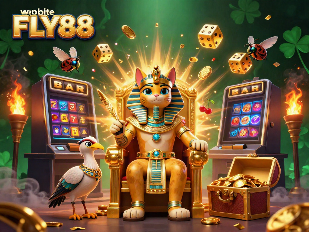 Spin and win at the lively website FLY88, featuring vibrant casino elements and Egyptian pharaoh cat.